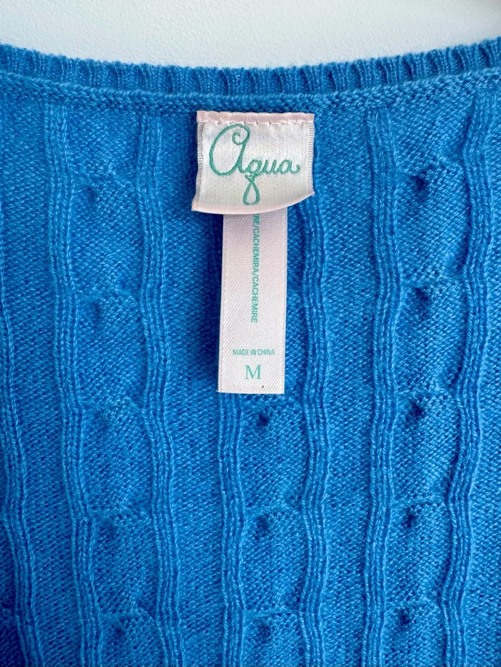 Aqua Brand Blue Cable Knit V-Neck Cashmere Sweater